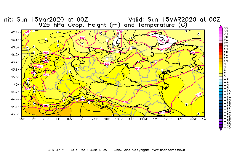 Mappa di analisi GFS - Geopotenziale [m] e Temperatura [°C] a 925 hPa in Nord-Italia
							del 15/03/2020 00 <!--googleoff: index-->UTC<!--googleon: index-->