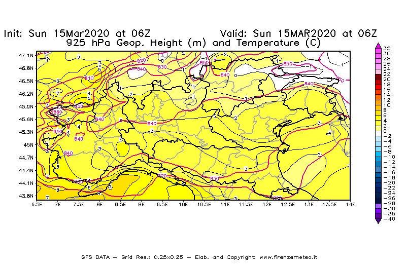 Mappa di analisi GFS - Geopotenziale [m] e Temperatura [°C] a 925 hPa in Nord-Italia
							del 15/03/2020 06 <!--googleoff: index-->UTC<!--googleon: index-->