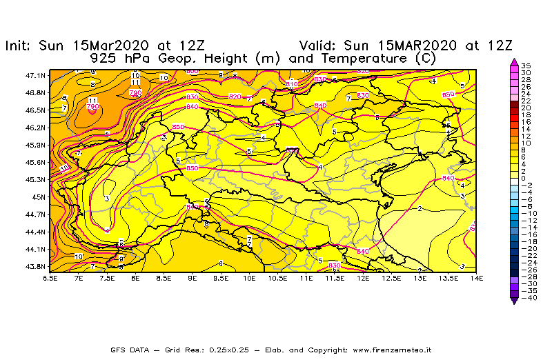 Mappa di analisi GFS - Geopotenziale [m] e Temperatura [°C] a 925 hPa in Nord-Italia
							del 15/03/2020 12 <!--googleoff: index-->UTC<!--googleon: index-->
