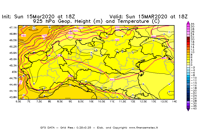 Mappa di analisi GFS - Geopotenziale [m] e Temperatura [°C] a 925 hPa in Nord-Italia
							del 15/03/2020 18 <!--googleoff: index-->UTC<!--googleon: index-->
