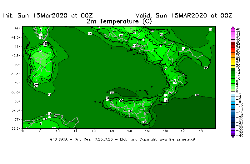 Mappa di analisi GFS - Temperatura a 2 metri dal suolo [°C] in Sud-Italia
							del 15/03/2020 00 <!--googleoff: index-->UTC<!--googleon: index-->