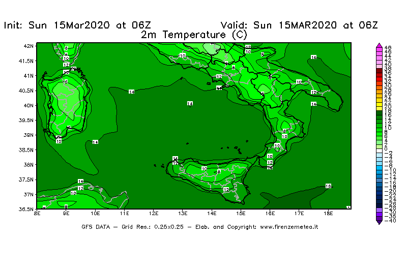 Mappa di analisi GFS - Temperatura a 2 metri dal suolo [°C] in Sud-Italia
							del 15/03/2020 06 <!--googleoff: index-->UTC<!--googleon: index-->
