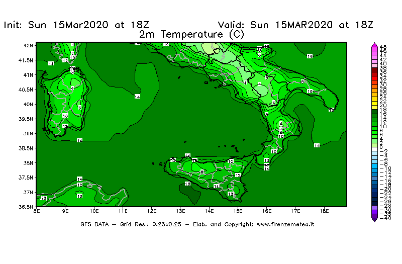 Mappa di analisi GFS - Temperatura a 2 metri dal suolo [°C] in Sud-Italia
							del 15/03/2020 18 <!--googleoff: index-->UTC<!--googleon: index-->