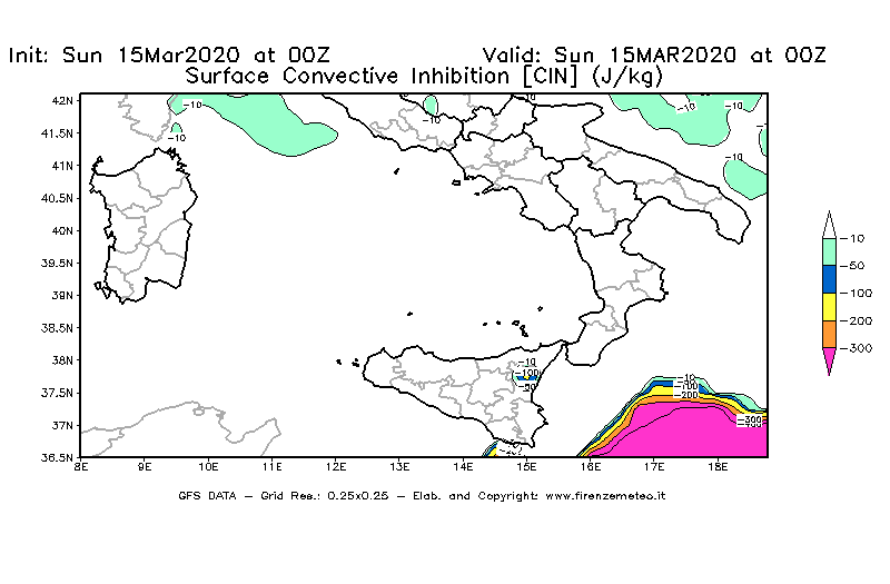 Mappa di analisi GFS - CIN [J/kg] in Sud-Italia
							del 15/03/2020 00 <!--googleoff: index-->UTC<!--googleon: index-->