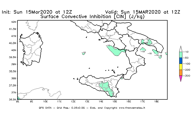 Mappa di analisi GFS - CIN [J/kg] in Sud-Italia
							del 15/03/2020 12 <!--googleoff: index-->UTC<!--googleon: index-->