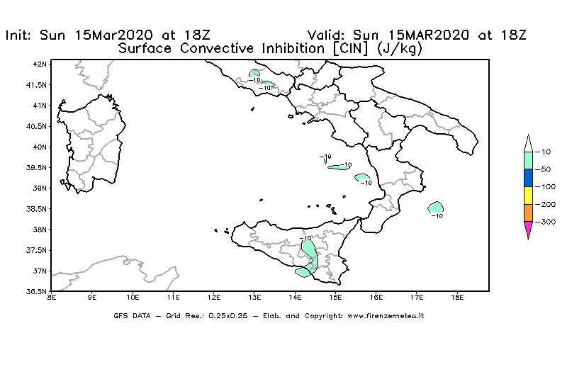 Mappa di analisi GFS - CIN [J/kg] in Sud-Italia
							del 15/03/2020 18 <!--googleoff: index-->UTC<!--googleon: index-->