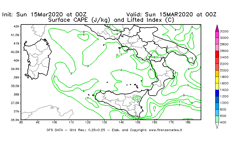 Mappa di analisi GFS - CAPE [J/kg] e Lifted Index [°C] in Sud-Italia
							del 15/03/2020 00 <!--googleoff: index-->UTC<!--googleon: index-->