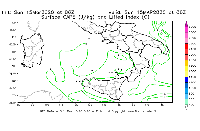 Mappa di analisi GFS - CAPE [J/kg] e Lifted Index [°C] in Sud-Italia
							del 15/03/2020 06 <!--googleoff: index-->UTC<!--googleon: index-->
