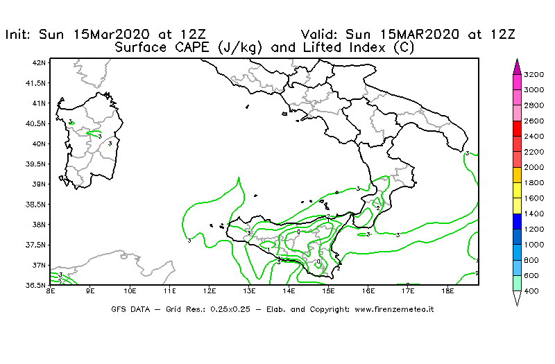 Mappa di analisi GFS - CAPE [J/kg] e Lifted Index [°C] in Sud-Italia
							del 15/03/2020 12 <!--googleoff: index-->UTC<!--googleon: index-->
