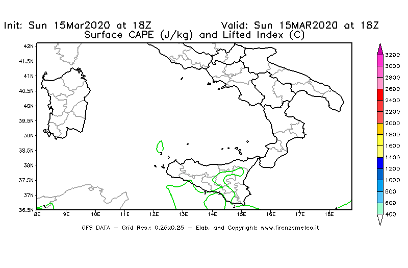 Mappa di analisi GFS - CAPE [J/kg] e Lifted Index [°C] in Sud-Italia
							del 15/03/2020 18 <!--googleoff: index-->UTC<!--googleon: index-->