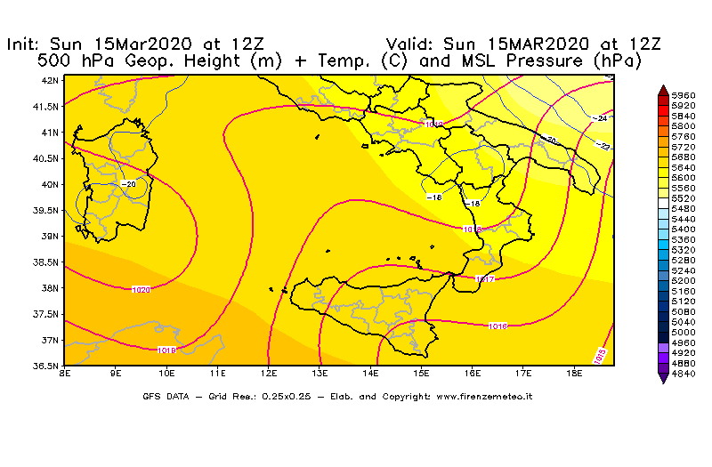 Mappa di analisi GFS - Geopotenziale [m] + Temp. [°C] a 500 hPa + Press. a livello del mare [hPa] in Sud-Italia
							del 15/03/2020 12 <!--googleoff: index-->UTC<!--googleon: index-->