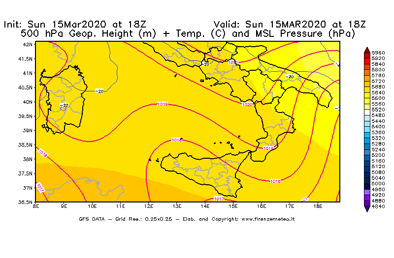 Mappa di analisi GFS - Geopotenziale [m] + Temp. [°C] a 500 hPa + Press. a livello del mare [hPa] in Sud-Italia
							del 15/03/2020 18 <!--googleoff: index-->UTC<!--googleon: index-->