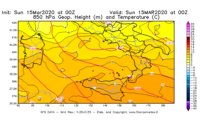 Mappa di analisi GFS - Geopotenziale [m] e Temperatura [°C] a 850 hPa in Sud-Italia
							del 15/03/2020 00 <!--googleoff: index-->UTC<!--googleon: index-->