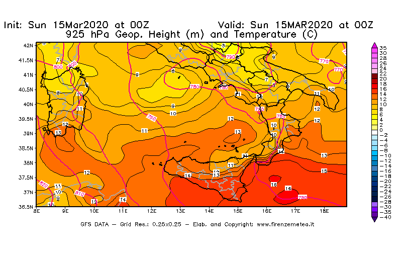 Mappa di analisi GFS - Geopotenziale [m] e Temperatura [°C] a 925 hPa in Sud-Italia
							del 15/03/2020 00 <!--googleoff: index-->UTC<!--googleon: index-->