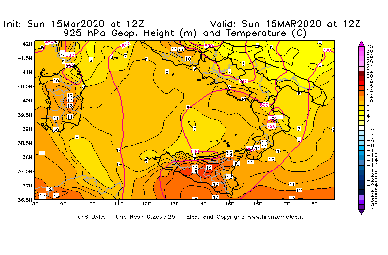 Mappa di analisi GFS - Geopotenziale [m] e Temperatura [°C] a 925 hPa in Sud-Italia
							del 15/03/2020 12 <!--googleoff: index-->UTC<!--googleon: index-->