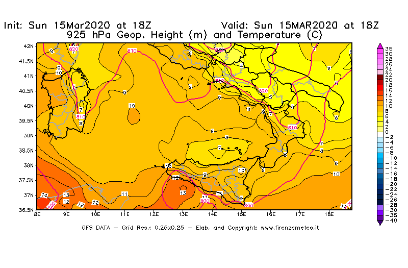 Mappa di analisi GFS - Geopotenziale [m] e Temperatura [°C] a 925 hPa in Sud-Italia
							del 15/03/2020 18 <!--googleoff: index-->UTC<!--googleon: index-->
