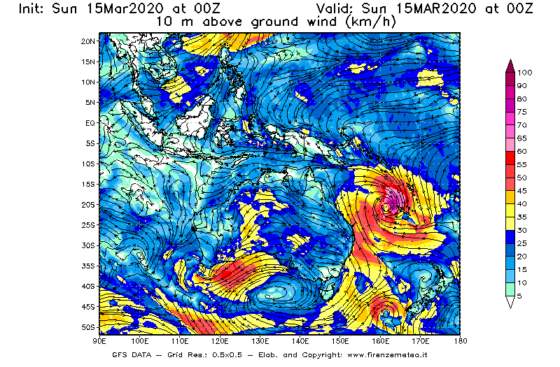 Mappa di analisi GFS - Velocità del vento a 10 metri dal suolo [km/h] in Oceania
							del 15/03/2020 00 <!--googleoff: index-->UTC<!--googleon: index-->
