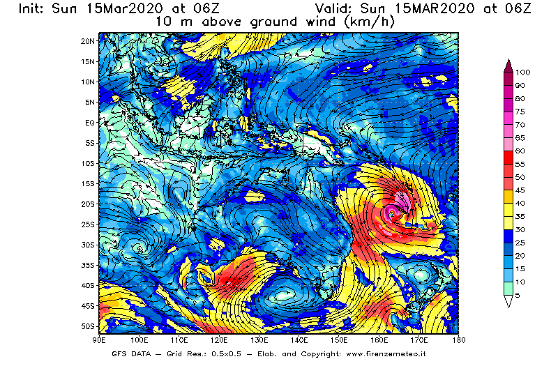 Mappa di analisi GFS - Velocità del vento a 10 metri dal suolo [km/h] in Oceania
							del 15/03/2020 06 <!--googleoff: index-->UTC<!--googleon: index-->