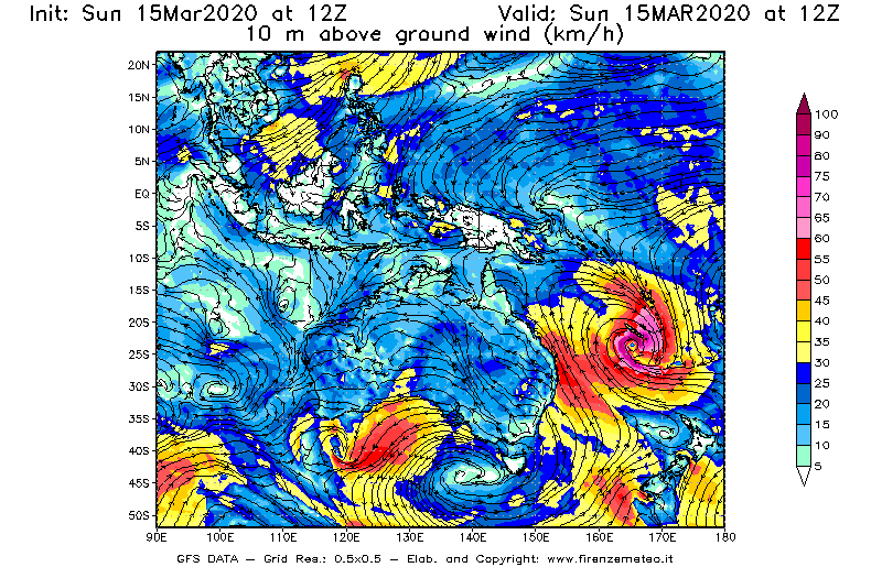 Mappa di analisi GFS - Velocità del vento a 10 metri dal suolo [km/h] in Oceania
							del 15/03/2020 12 <!--googleoff: index-->UTC<!--googleon: index-->
