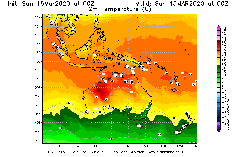 Mappa di analisi GFS - Temperatura a 2 metri dal suolo [°C] in Oceania
							del 15/03/2020 00 <!--googleoff: index-->UTC<!--googleon: index-->