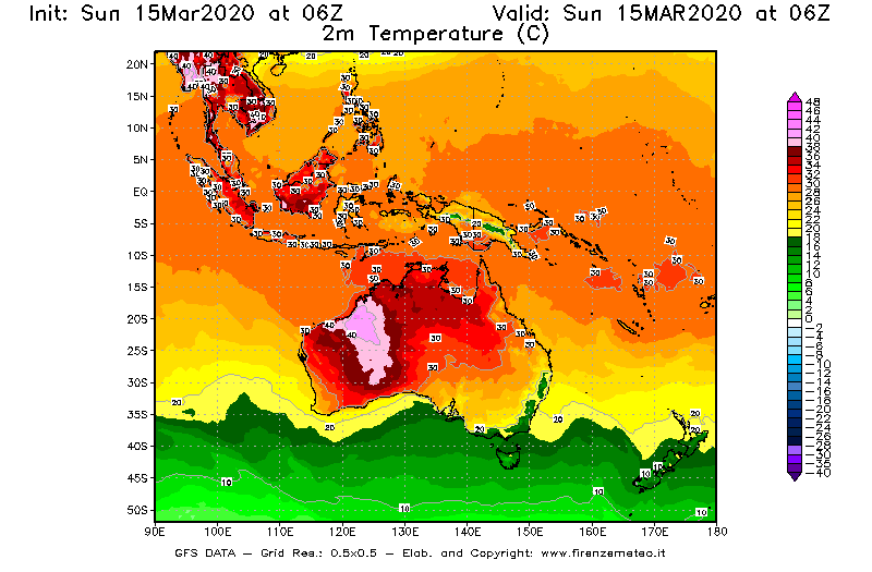 Mappa di analisi GFS - Temperatura a 2 metri dal suolo [°C] in Oceania
							del 15/03/2020 06 <!--googleoff: index-->UTC<!--googleon: index-->