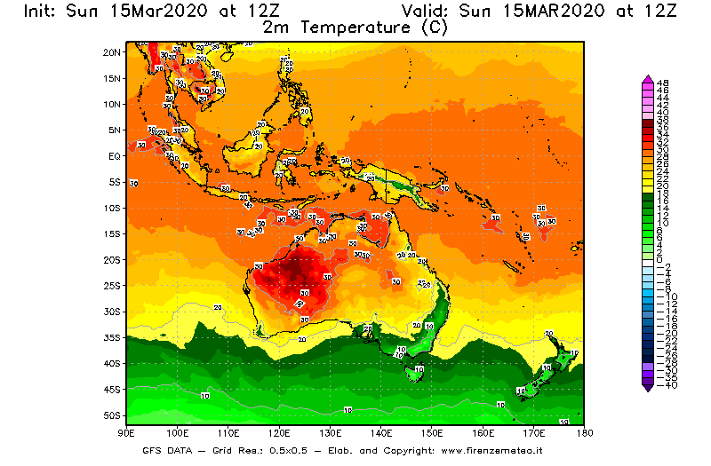 Mappa di analisi GFS - Temperatura a 2 metri dal suolo [°C] in Oceania
							del 15/03/2020 12 <!--googleoff: index-->UTC<!--googleon: index-->