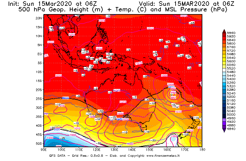 Mappa di analisi GFS - Geopotenziale [m] + Temp. [°C] a 500 hPa + Press. a livello del mare [hPa] in Oceania
							del 15/03/2020 06 <!--googleoff: index-->UTC<!--googleon: index-->