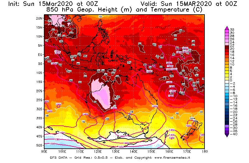 Mappa di analisi GFS - Geopotenziale [m] e Temperatura [°C] a 850 hPa in Oceania
							del 15/03/2020 00 <!--googleoff: index-->UTC<!--googleon: index-->