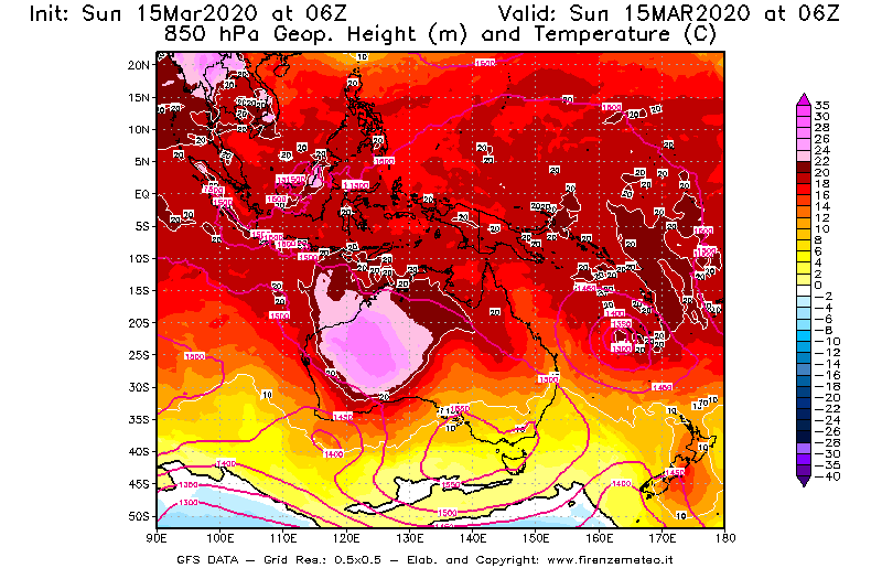 Mappa di analisi GFS - Geopotenziale [m] e Temperatura [°C] a 850 hPa in Oceania
							del 15/03/2020 06 <!--googleoff: index-->UTC<!--googleon: index-->