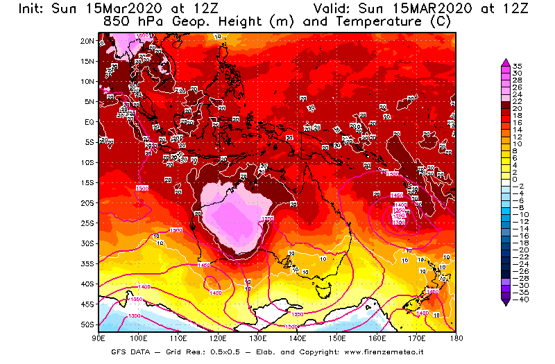 Mappa di analisi GFS - Geopotenziale [m] e Temperatura [°C] a 850 hPa in Oceania
							del 15/03/2020 12 <!--googleoff: index-->UTC<!--googleon: index-->
