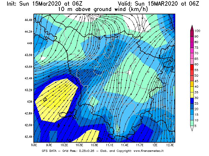 Mappa di analisi GFS - Velocità del vento a 10 metri dal suolo [km/h] in Toscana
							del 15/03/2020 06 <!--googleoff: index-->UTC<!--googleon: index-->