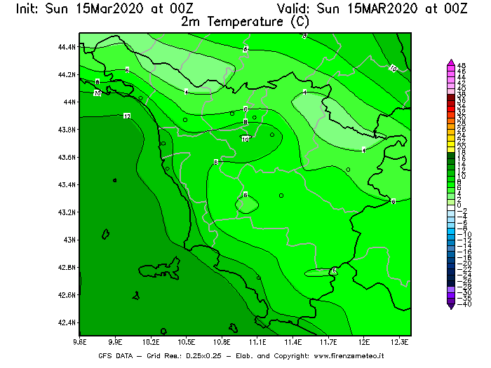 Mappa di analisi GFS - Temperatura a 2 metri dal suolo [°C] in Toscana
							del 15/03/2020 00 <!--googleoff: index-->UTC<!--googleon: index-->