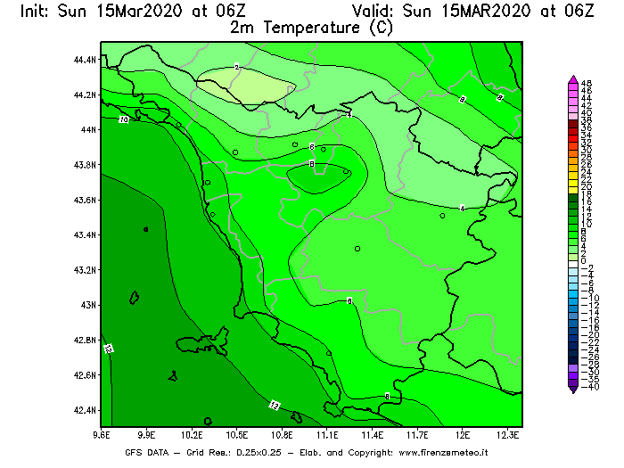 Mappa di analisi GFS - Temperatura a 2 metri dal suolo [°C] in Toscana
							del 15/03/2020 06 <!--googleoff: index-->UTC<!--googleon: index-->