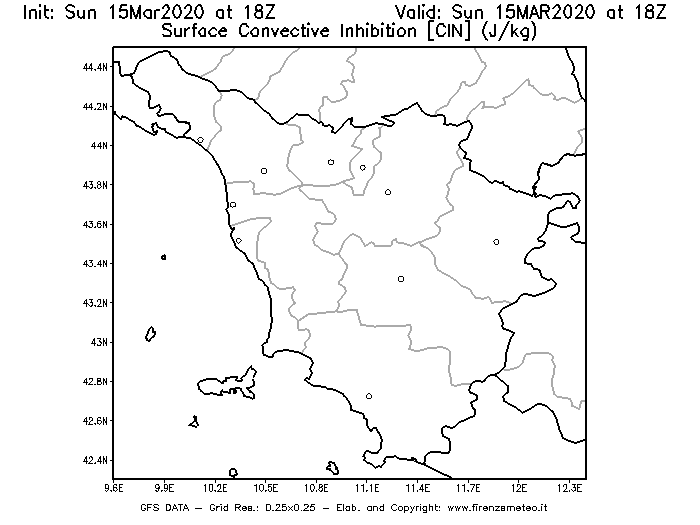 Mappa di analisi GFS - CIN [J/kg] in Toscana
							del 15/03/2020 18 <!--googleoff: index-->UTC<!--googleon: index-->