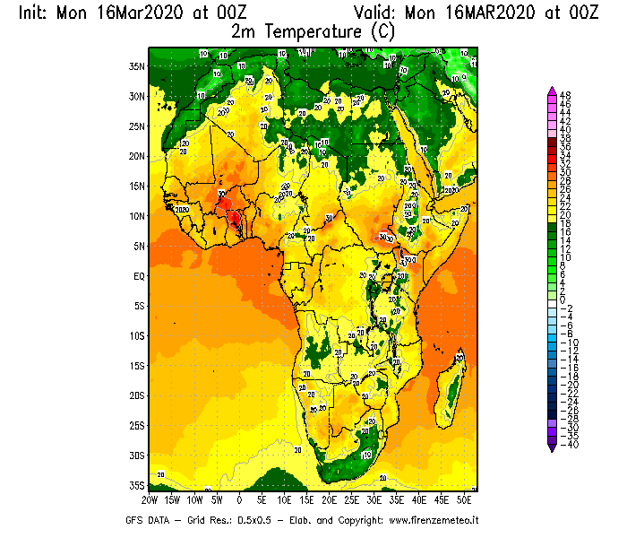 Mappa di analisi GFS - Temperatura a 2 metri dal suolo [°C] in Africa
							del 16/03/2020 00 <!--googleoff: index-->UTC<!--googleon: index-->