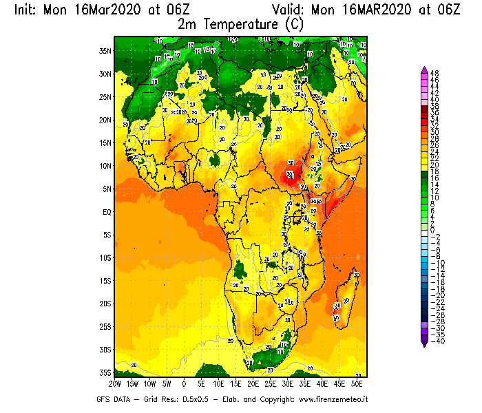 Mappa di analisi GFS - Temperatura a 2 metri dal suolo [°C] in Africa
							del 16/03/2020 06 <!--googleoff: index-->UTC<!--googleon: index-->