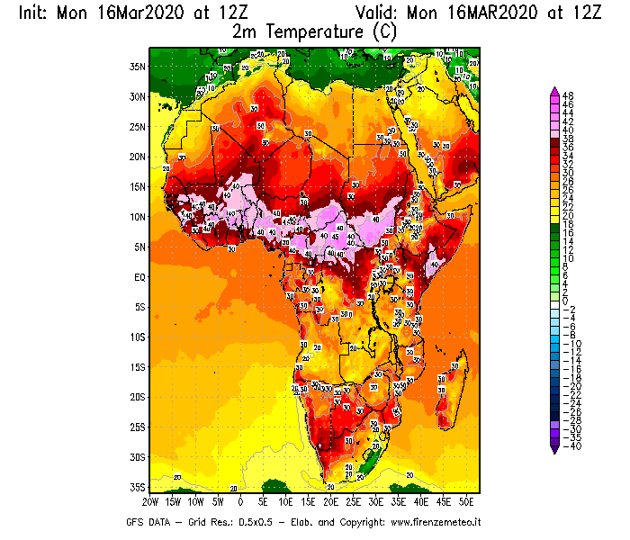 Mappa di analisi GFS - Temperatura a 2 metri dal suolo [°C] in Africa
							del 16/03/2020 12 <!--googleoff: index-->UTC<!--googleon: index-->