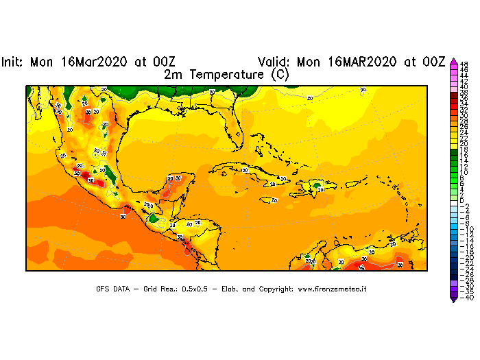 Mappa di analisi GFS - Temperatura a 2 metri dal suolo [°C] in Centro-America
									del 16/03/2020 00 <!--googleoff: index-->UTC<!--googleon: index-->