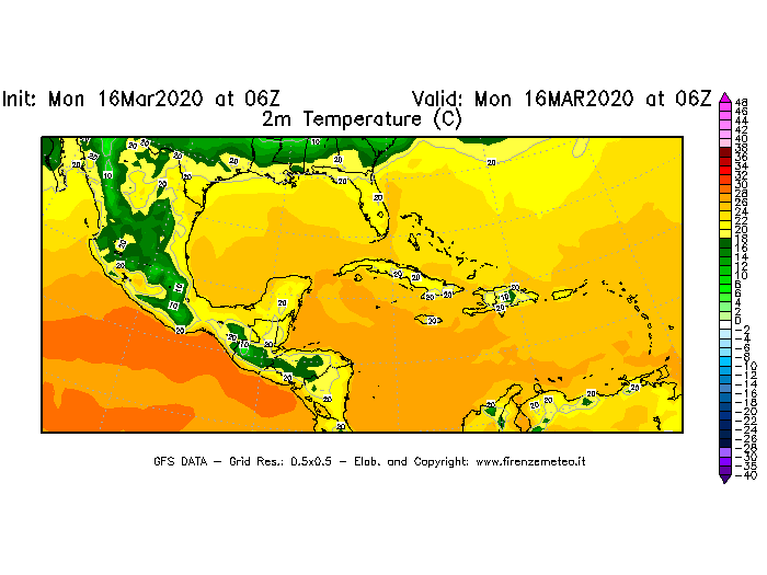 Mappa di analisi GFS - Temperatura a 2 metri dal suolo [°C] in Centro-America
									del 16/03/2020 06 <!--googleoff: index-->UTC<!--googleon: index-->