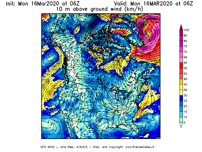 Mappa di analisi GFS - Velocità del vento a 10 metri dal suolo [km/h] in Nord-America
									del 16/03/2020 06 <!--googleoff: index-->UTC<!--googleon: index-->