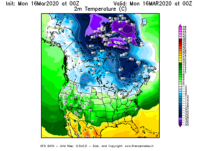 Mappa di analisi GFS - Temperatura a 2 metri dal suolo [°C] in Nord-America
							del 16/03/2020 00 <!--googleoff: index-->UTC<!--googleon: index-->