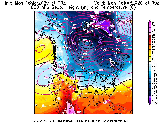 Mappa di analisi GFS - Geopotenziale [m] e Temperatura [°C] a 850 hPa in Nord-America
							del 16/03/2020 00 <!--googleoff: index-->UTC<!--googleon: index-->