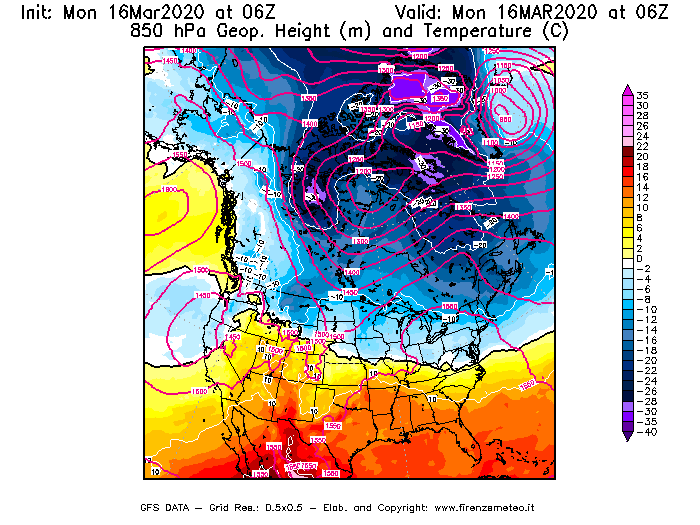 Mappa di analisi GFS - Geopotenziale [m] e Temperatura [°C] a 850 hPa in Nord-America
							del 16/03/2020 06 <!--googleoff: index-->UTC<!--googleon: index-->