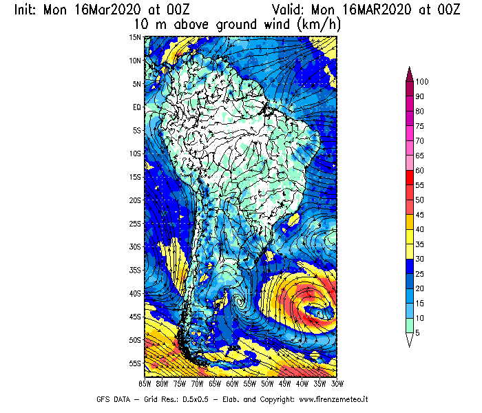 Mappa di analisi GFS - Velocità del vento a 10 metri dal suolo [km/h] in Sud-America
									del 16/03/2020 00 <!--googleoff: index-->UTC<!--googleon: index-->