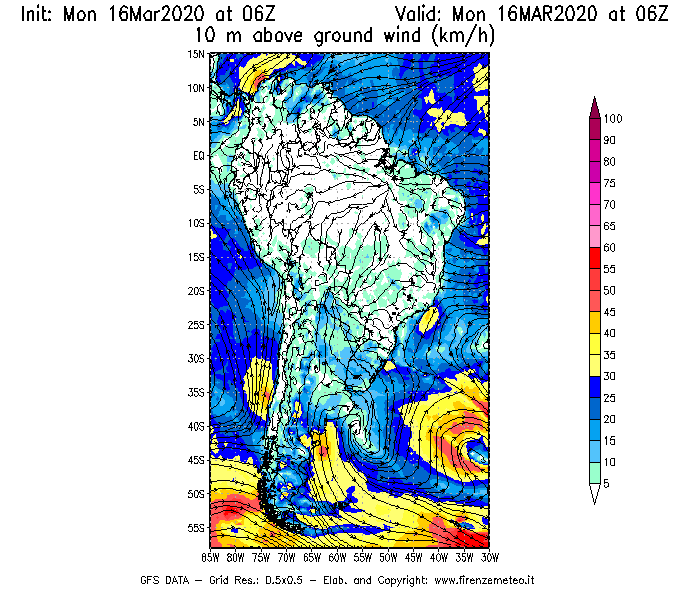 Mappa di analisi GFS - Velocità del vento a 10 metri dal suolo [km/h] in Sud-America
							del 16/03/2020 06 <!--googleoff: index-->UTC<!--googleon: index-->