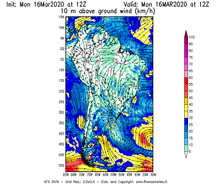 Mappa di analisi GFS - Velocità del vento a 10 metri dal suolo [km/h] in Sud-America
							del 16/03/2020 12 <!--googleoff: index-->UTC<!--googleon: index-->