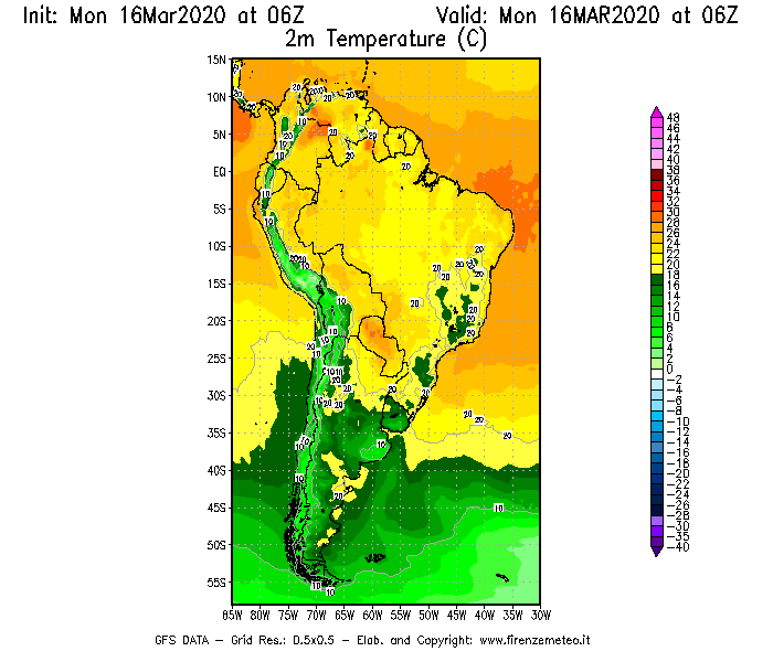 Mappa di analisi GFS - Temperatura a 2 metri dal suolo [°C] in Sud-America
							del 16/03/2020 06 <!--googleoff: index-->UTC<!--googleon: index-->