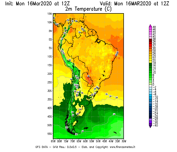 Mappa di analisi GFS - Temperatura a 2 metri dal suolo [°C] in Sud-America
									del 16/03/2020 12 <!--googleoff: index-->UTC<!--googleon: index-->