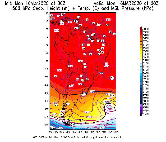 Mappa di analisi GFS - Geopotenziale [m] + Temp. [°C] a 500 hPa + Press. a livello del mare [hPa] in Sud-America
									del 16/03/2020 00 <!--googleoff: index-->UTC<!--googleon: index-->