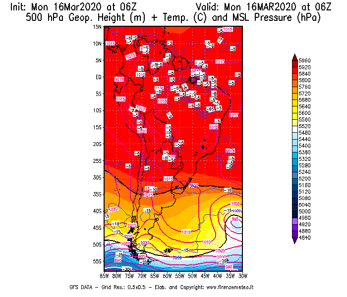 Mappa di analisi GFS - Geopotenziale [m] + Temp. [°C] a 500 hPa + Press. a livello del mare [hPa] in Sud-America
							del 16/03/2020 06 <!--googleoff: index-->UTC<!--googleon: index-->